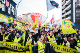 Mehrere Demonstrationsteilnehmer mit Flaggen und Signalwesten auf der Straße Portrait von einem vollbärtigen Mann mit kurzen Haaren, der in die Kamera lächelt. Er trägt ein Shirt mit einem Fahrrad.